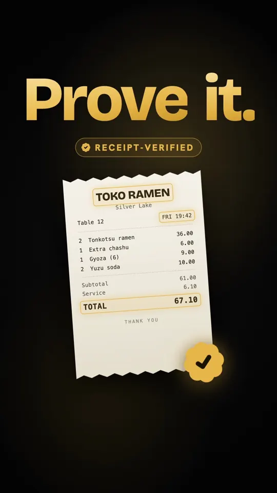 Frame from Fork's 15-second promo: “Prove it.” in gold over a restaurant bill stamped with the verified seal.