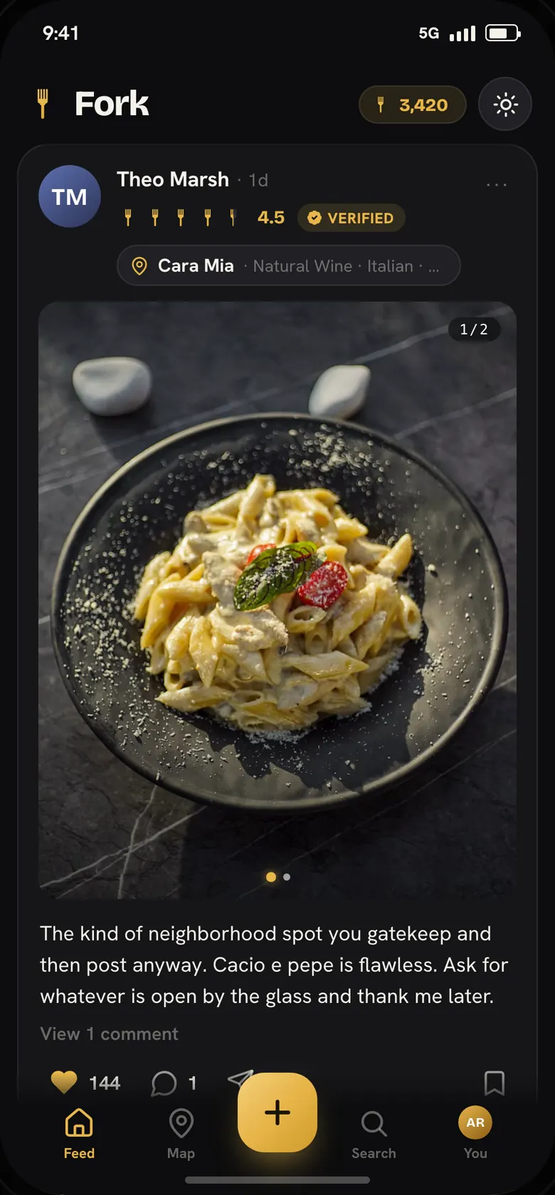 Scrolling the Fork feed past friends' verified reviews to Theo's 4.5-fork pasta at Cara Mia, forked with a gold heart.
