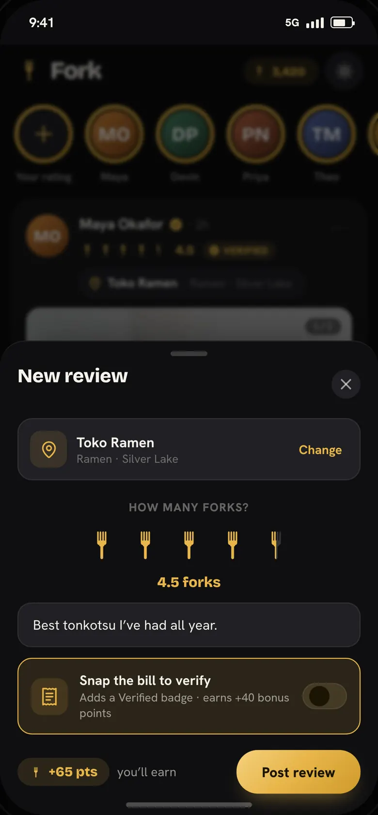 Fork's New review sheet for Toko Ramen: 4.5 of 5 forks filled, and a note that reads “Best tonkotsu I've had all year.”