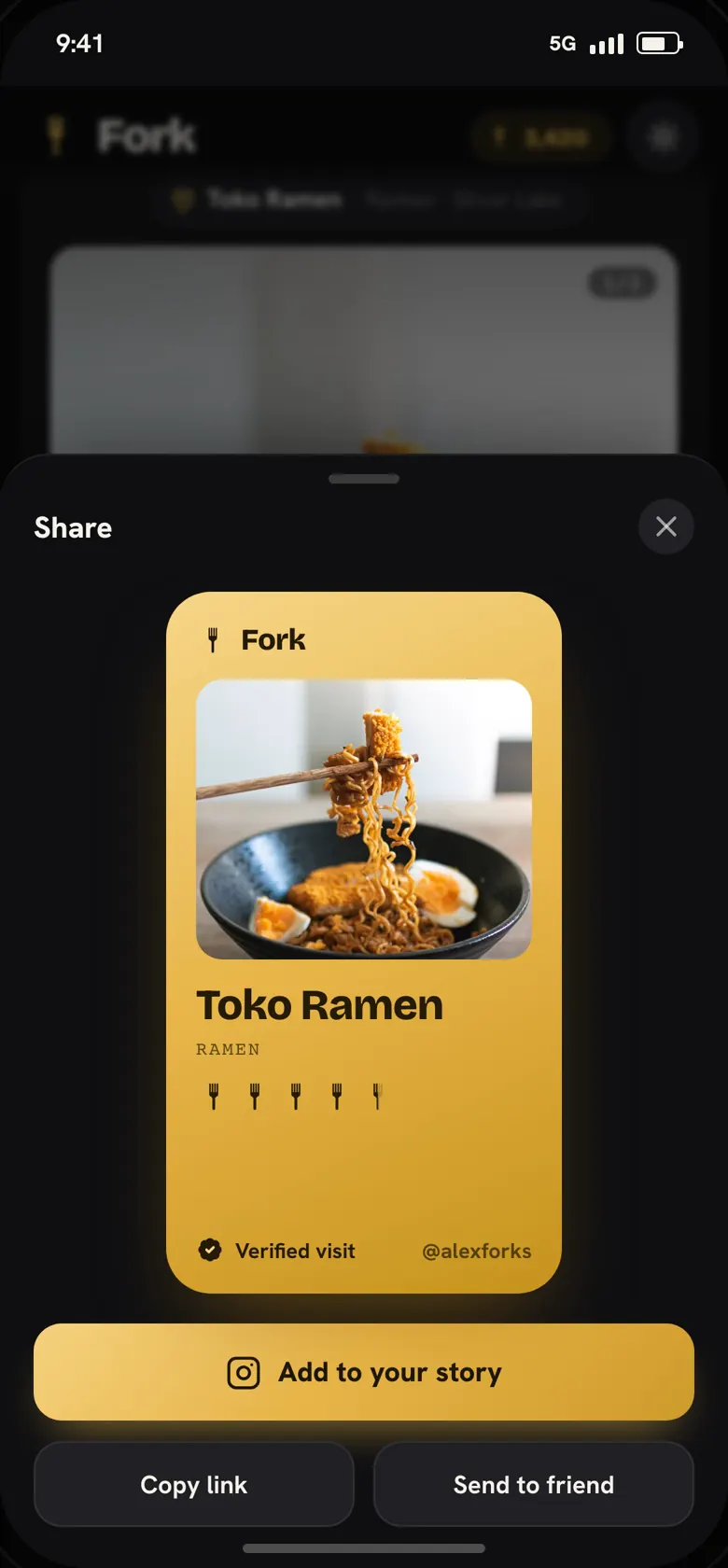 Fork's share sheet with a gold story card preview and an “Add to your story” button.